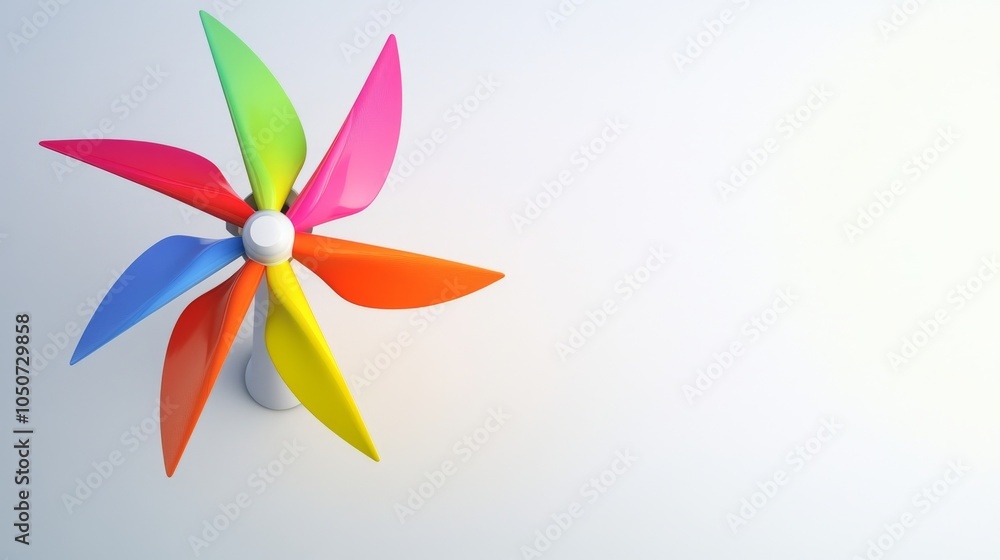 Poster a colorful windmill on a plain white background representing renewable energy and sustainability, em