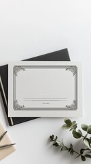 A clean and minimalist certificate mockup rests on a white desk with plants and stationery