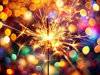 Fototapeta premium Vintage Sparkler Ignition with Warm Vibrant Sparks Against Multicolored Background for Magical Celebrations
