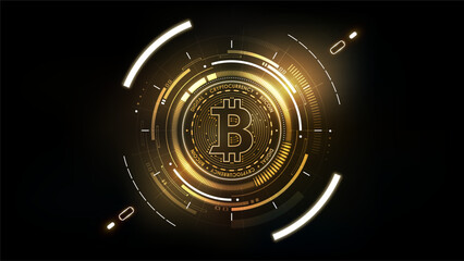 Golden bitcoin digital currency, futuristic digital money, technology worldwide network concept, vector illustration