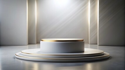 Obraz premium Minimalist white podium with gold accents and spotlight.