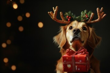 Festive Dog with Antlers and Christmas Present