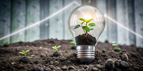 Vintage Style Photography of Light Bulb in Soil with Growing Plants and Growth Graph for Renewable Energy Development