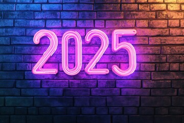 Neon Sign "2025" Against Brick Wall