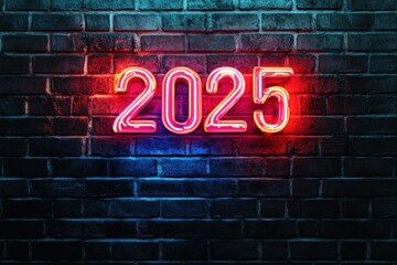 Obraz premium Bright Neon 2025 Sign on Dark Brick Wall
