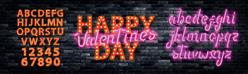 Obraz premium Vector neon sign of Happy Valentine's Day with alphabet font isolated on wall background.