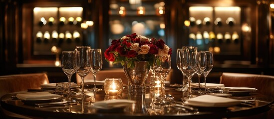 A romantic dinner setting with candles, wine glasses, and red roses in a dimly lit restaurant with a wine cellar in the background.