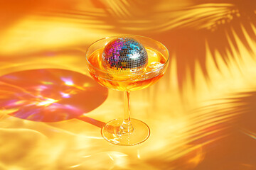 Cocktail party with disco ball on yellow sun background. Disco party, retro fashion. Modern stylish design template for holiday card, banner, flyer, menu with space for text