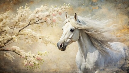 Obraz premium Vintage Traditional Japanese Painting of a White Horse on Old Paper – Double Exposure Art