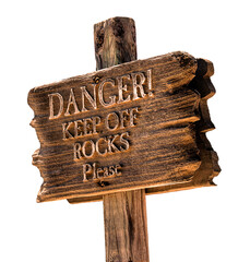Wooden signboard, guidepost  Close up of empty, signboard sign with arrow to stay away from dangerous rocks with isolated path on white background 