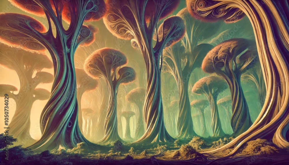 Poster a forest with many trees and some of them are green. the trees are very tall and have a lot of branc