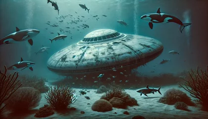 Fototapeten A group of orcas are swimming in the ocean near a large, broken down spaceship. There are also many fish in the water © Kepler