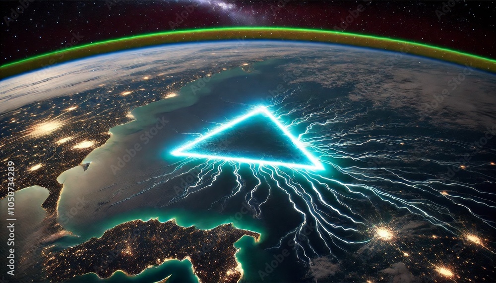 Poster a triangle is glowing in the sky above the ocean. the triangle is green and is surrounded by a blue 
