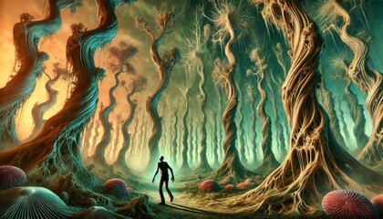 A surreal, alien forest landscape with towering, twisted trees and a lone figure exploring the otherworldly environment