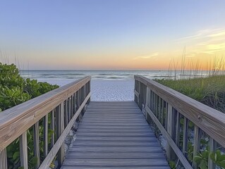 Fototapeta premium Wooden Walkway Leading to a Tranquil Sunset Beach