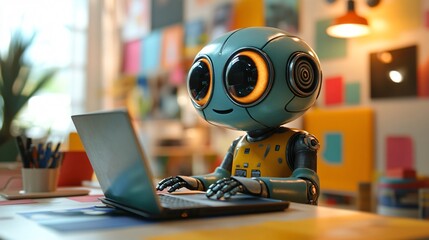 Cute retro robot with laptop