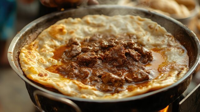A close-up of freshly made parotta bread served with spicy beef curry, from a street vendor in Kerala, India.