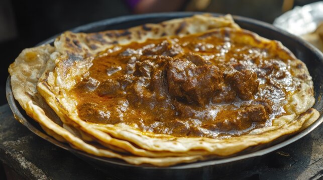 A close-up of freshly made parotta bread served with spicy beef curry, from a street vendor in Kerala, India.