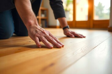 Wooden Floors House Renovation. A Craftsman laying New Parquet Flooring. Hands on the Light Wooden Floor Close-up