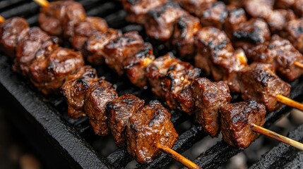 A close-up of grilled beef skewers (shisa nyama) marinated in spices, served hot from a South African street vendor, showcasing their smoky, juicy texture.