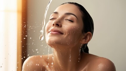 Naklejka premium Cleansing face with water Water splashes on face in slow motion, highlighting freshness and purity