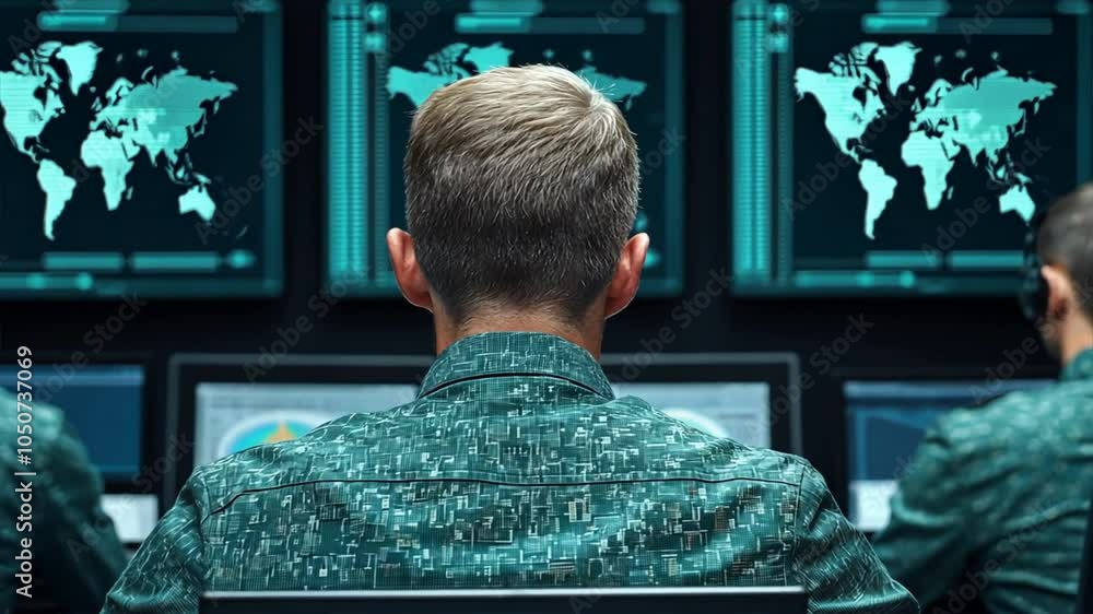 Poster global surveillance: a lone hacker sits before a wall of monitors displaying intricate global maps, 