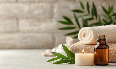 A serene spa setting with towels, a candle, and essential oils, promoting relaxation and wellness.
