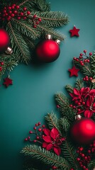 Festive Christmas ornaments and decorations arranged on a vibrant green background.