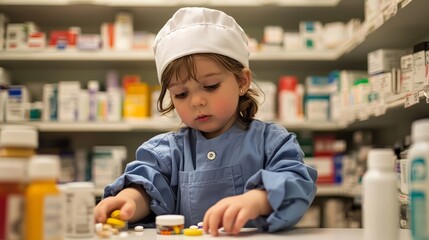 A young child dressed as a pharmacist, counting pills and labeling bottles in a pharmacy