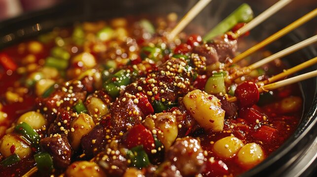 A close-up of spicy Sichuan hotpot skewers (chuanchuan) loaded with vegetables and meats, served from a street vendor, highlighting the vibrant red broth.