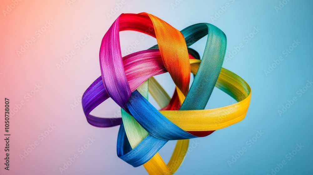 Aufkleber A conceptual image of colorful ribbons intertwining into a unified knot against a gradient backdrop, Embodying unity in diversity, photography style