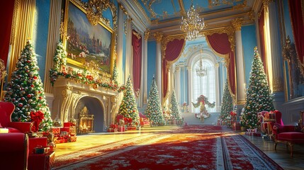 Fototapeta premium Cozy living room with a decorated Christmas tree beside a lit fireplace, evoking holiday warmth.