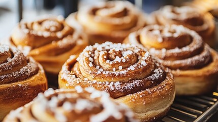 A close-up of Swedish cinnamon bun (kanelbulle) with sugar crystals, fresh from a street food stall, highlighting its swirled, golden-brown crust.