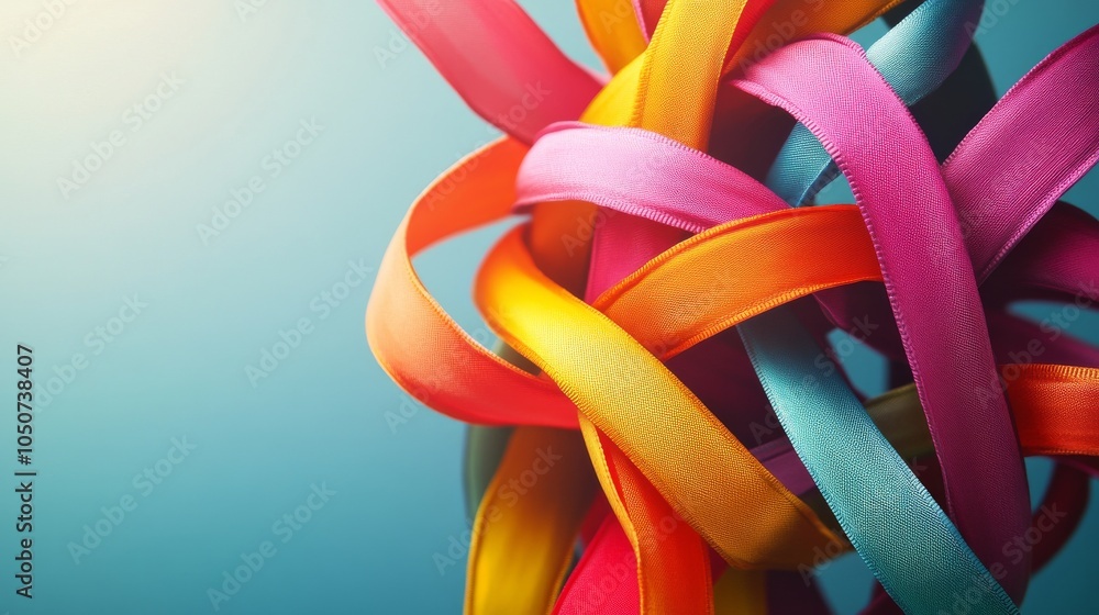 Aufkleber A conceptual image of colorful ribbons intertwining into a unified knot against a gradient backdrop, Signifying unity in diversity, photography style