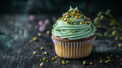 Pistachio cupcake with pistachio buttercream frosting, isolated on a dark wooden surface, garnished with chopped pistachios and edible flowers