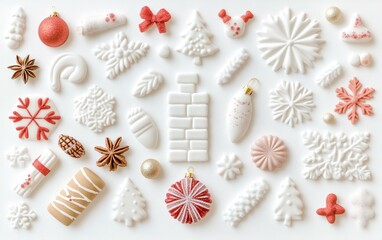 Fototapeta premium Various Christmas decorations on a white background, including ornaments, tinsel, and a small wreath.