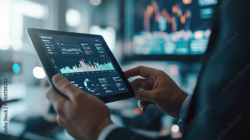 Poster a person using a tablet to analyze financial data and charts in a modern office setting.