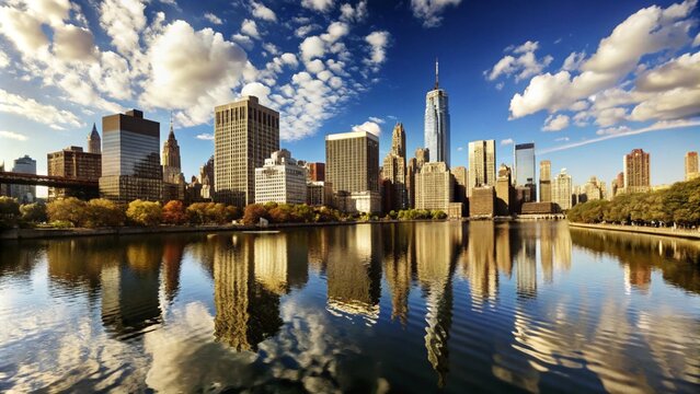 A panoramic view of the New York City skyline with the Freedom Tower reflected in the water.