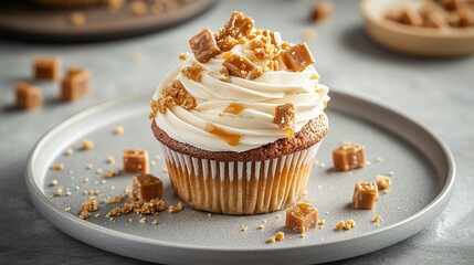 Toffee cupcake with toffee buttercream frosting, isolated on a gray ceramic plate, garnished with crushed toffee pieces and a caramel drizzle