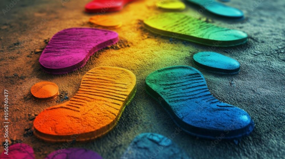 Aufkleber a conceptual image of diverse footsteps in various colors converging towards a common point on a sim