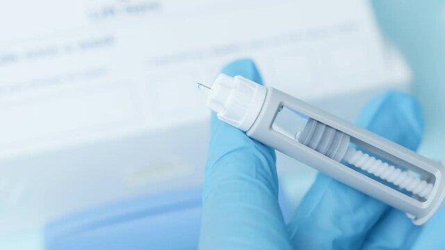 Close up on a needle on a diabetic medication pen. Hands with blue glowes taping pen. High quality 4k footage