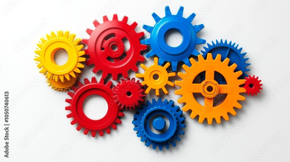 Poster a conceptual image of diverse gears interlocking in various colors against a seamless white backdrop
