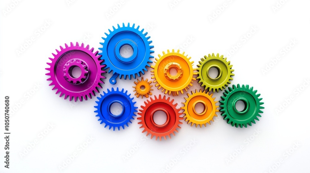Poster A conceptual image of diverse gears interlocking in various colors against a seamless white backdrop, Reflecting cooperation and diversity, photography style