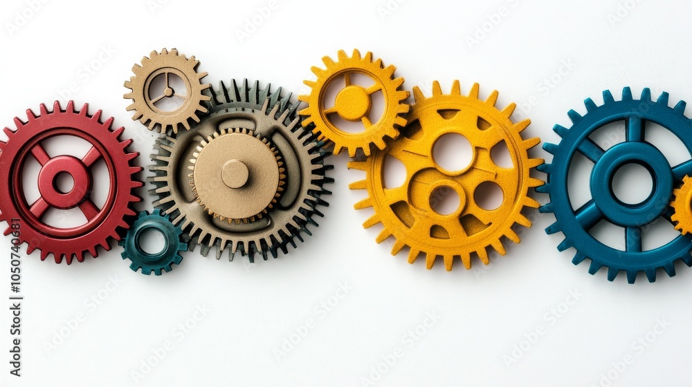 Poster A conceptual image of diverse gears interlocking in various colors against a seamless white backdrop, Reflecting cooperation and diversity, photography style