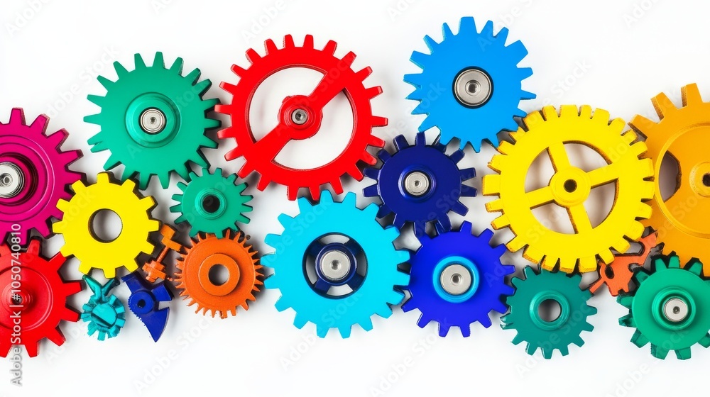 Poster A conceptual image of diverse gears interlocking in various colors against a seamless white backdrop, Symbolizing cooperation and diversity, photography style