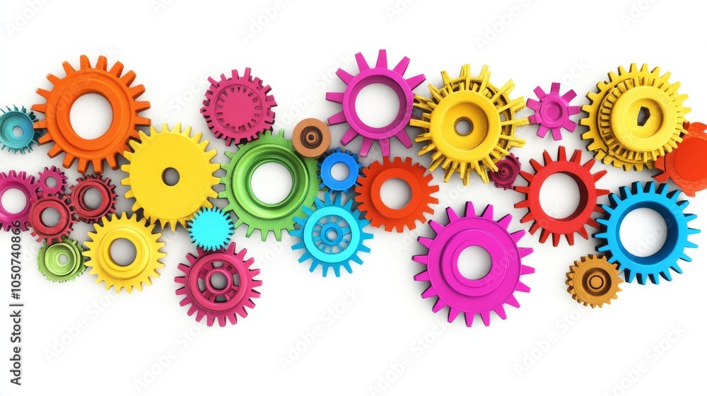 Poster a conceptual image of diverse gears interlocking in various colors against a seamless white backdrop