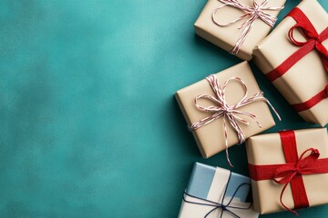 Assorted wrapped gifts with colorful ribbons arranged on a vibrant blue background.