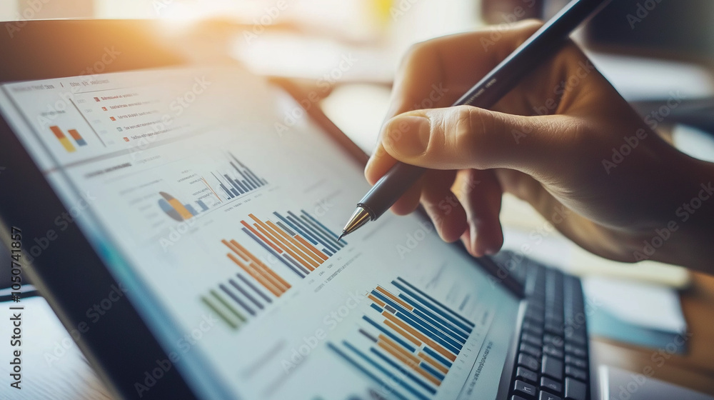 Wall mural american person analyzing financial data on laptop screen, ai