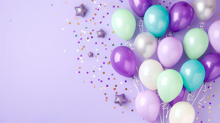 Balloons in pastel colors for a fun party celebration with confetti and stars