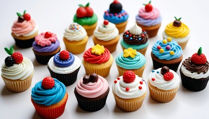 A playful array of polymer clay cupcakes with various toppings displayed on a white surface, perfect for dessert lovers and crafters alike, Generative AI